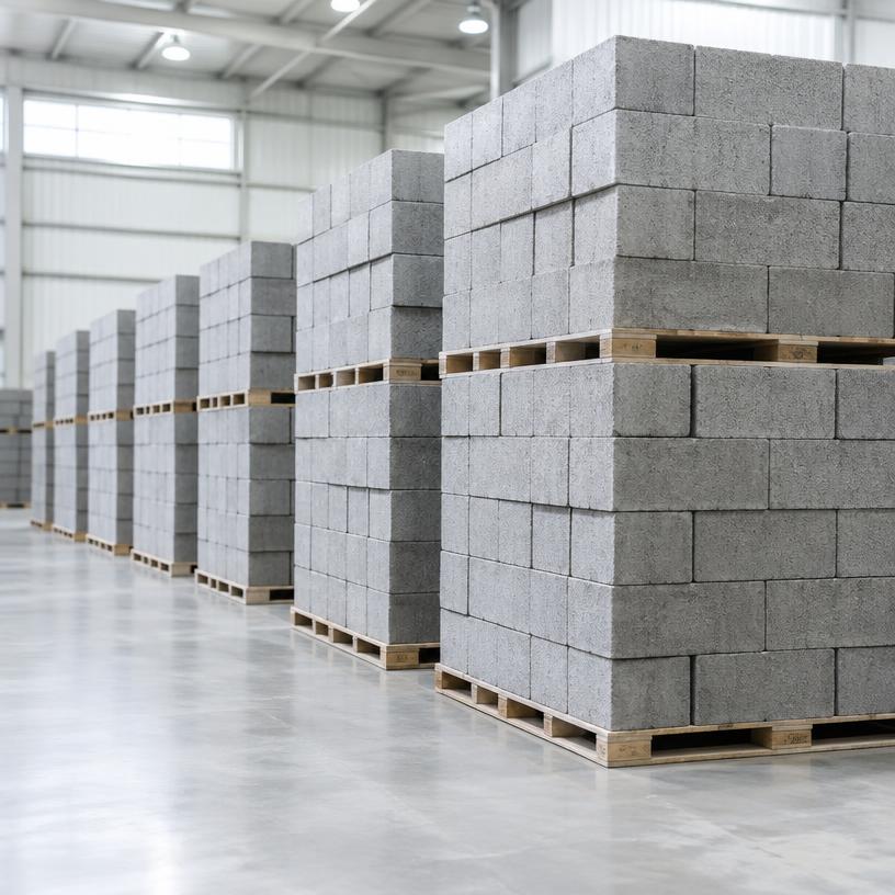 Palettes de blocs de ciment dans un entrepôt